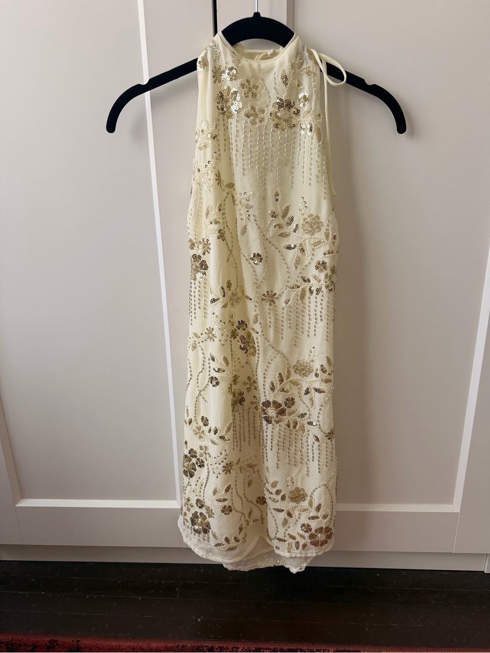 Peppermayo Leo Beaded Mini Dress with Gold Sequin Embroidery in Cream